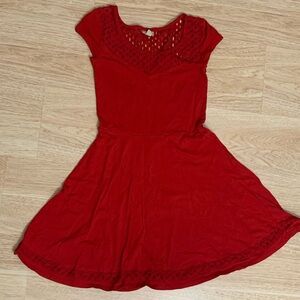 2010s Red Cape Juby Cotton A-Line Skater Dress with Lace trimming and cutouts ❤️